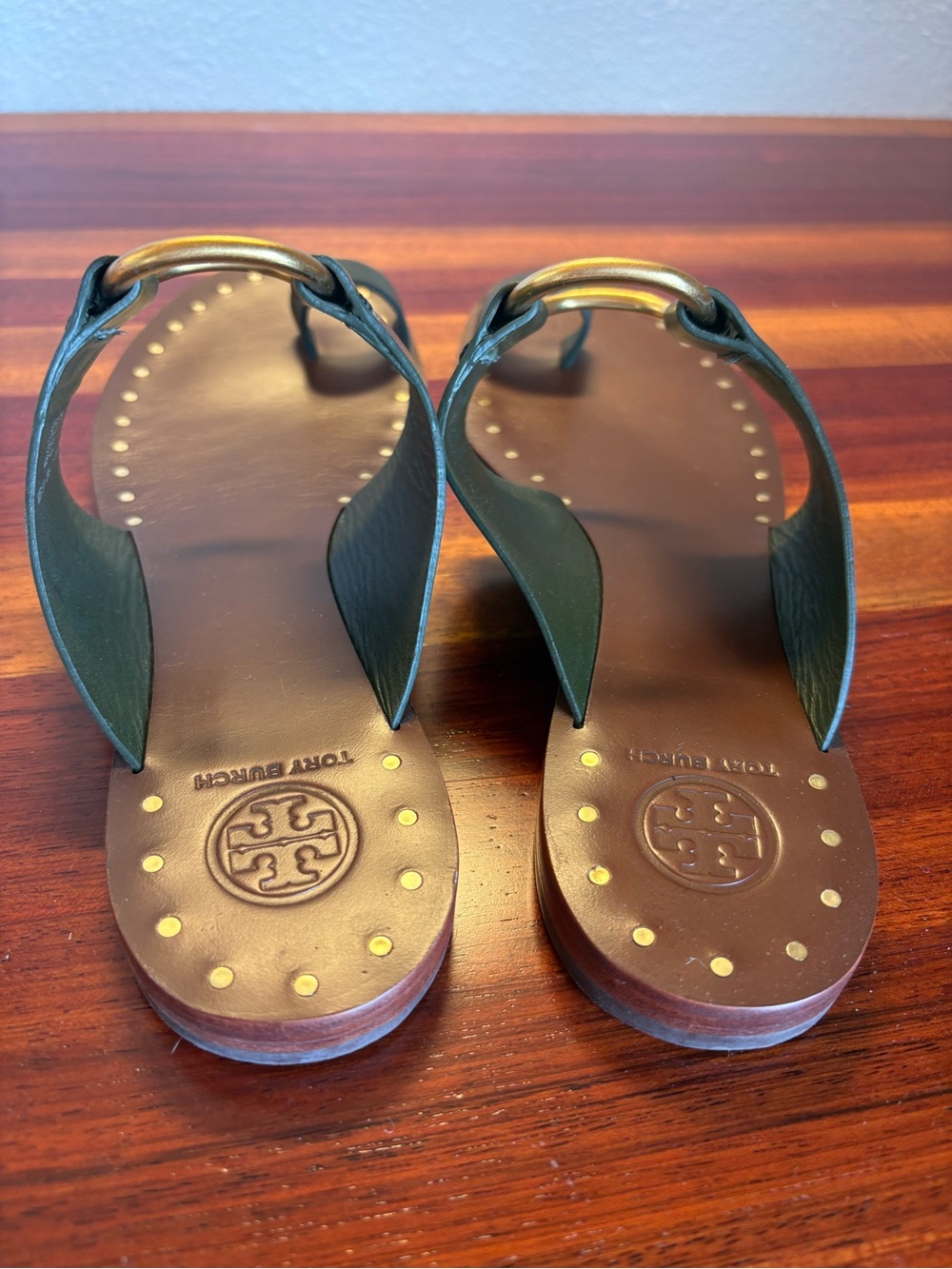Tory Burch Brannan Studded Sandals in Olive Green Leather with Gold Hardware - Picture 5 of 14